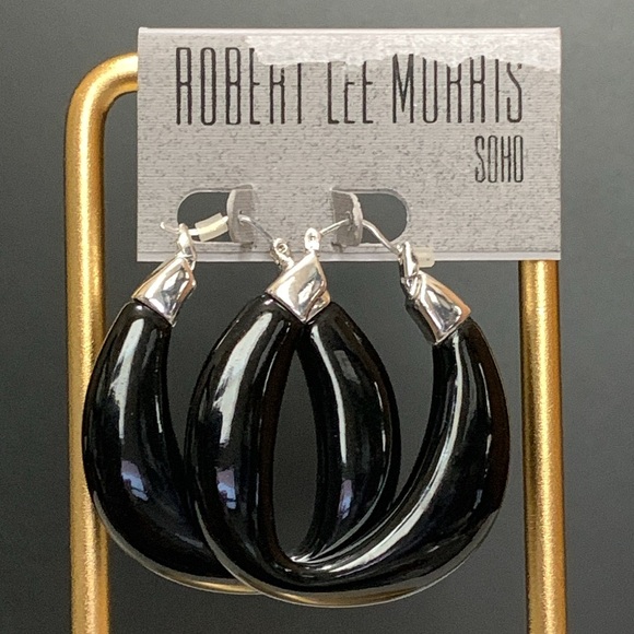 NWT Robert Lee Morris silver tone and black hoop earrings - Picture 2 of 4